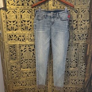 True Religion Light Blue Cropped Jeans with Fringe stretch jeans